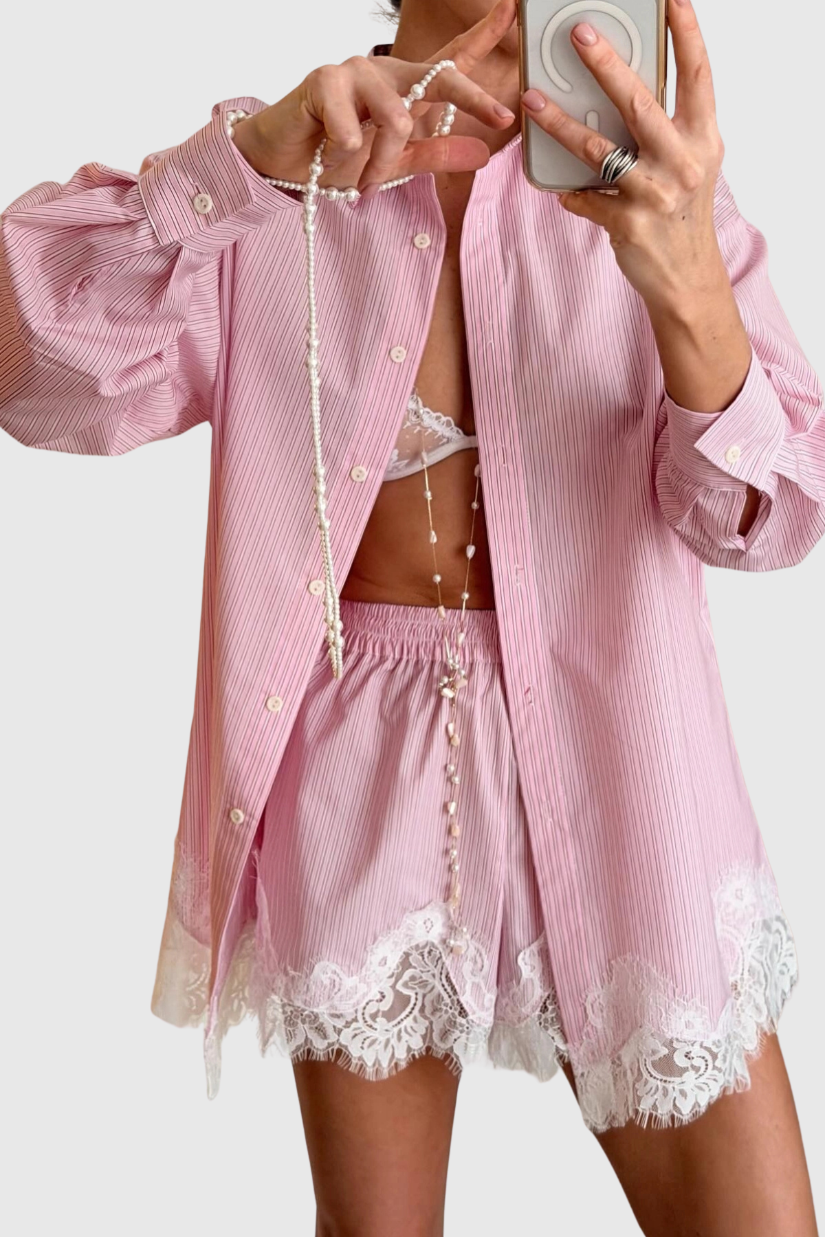Leylan Lace Shirt & Shorts Set - Pink