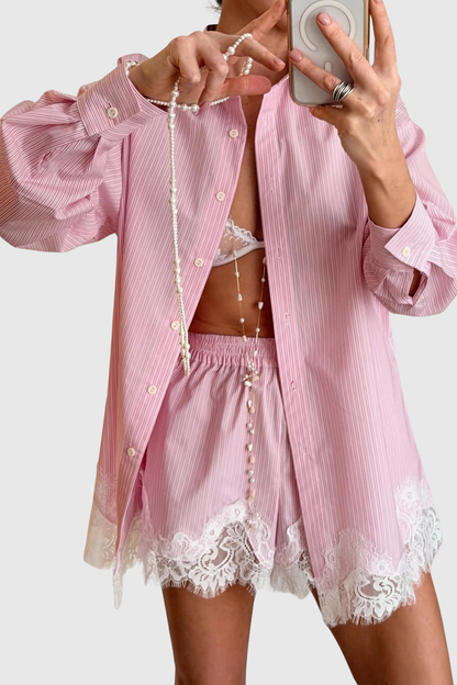Leylan Lace Shirt & Shorts Set - Pink