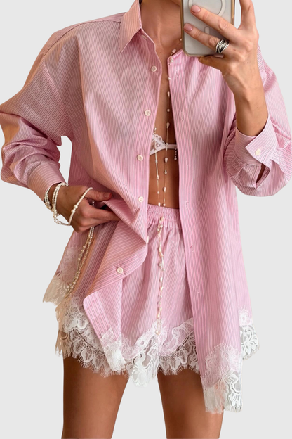 Leylan Lace Shirt & Shorts Set - Pink