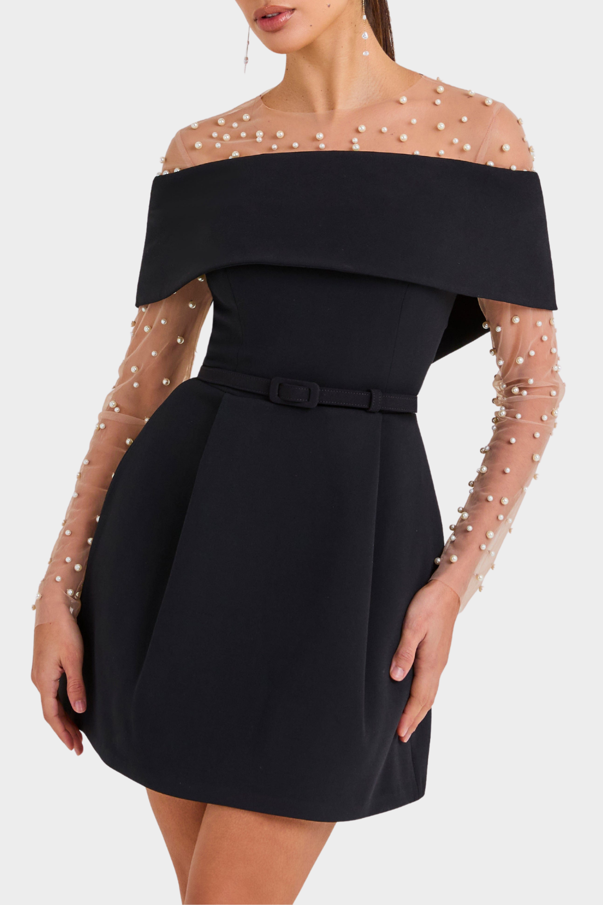 Libbi Off Shoulder Belted Mini Dress - Black