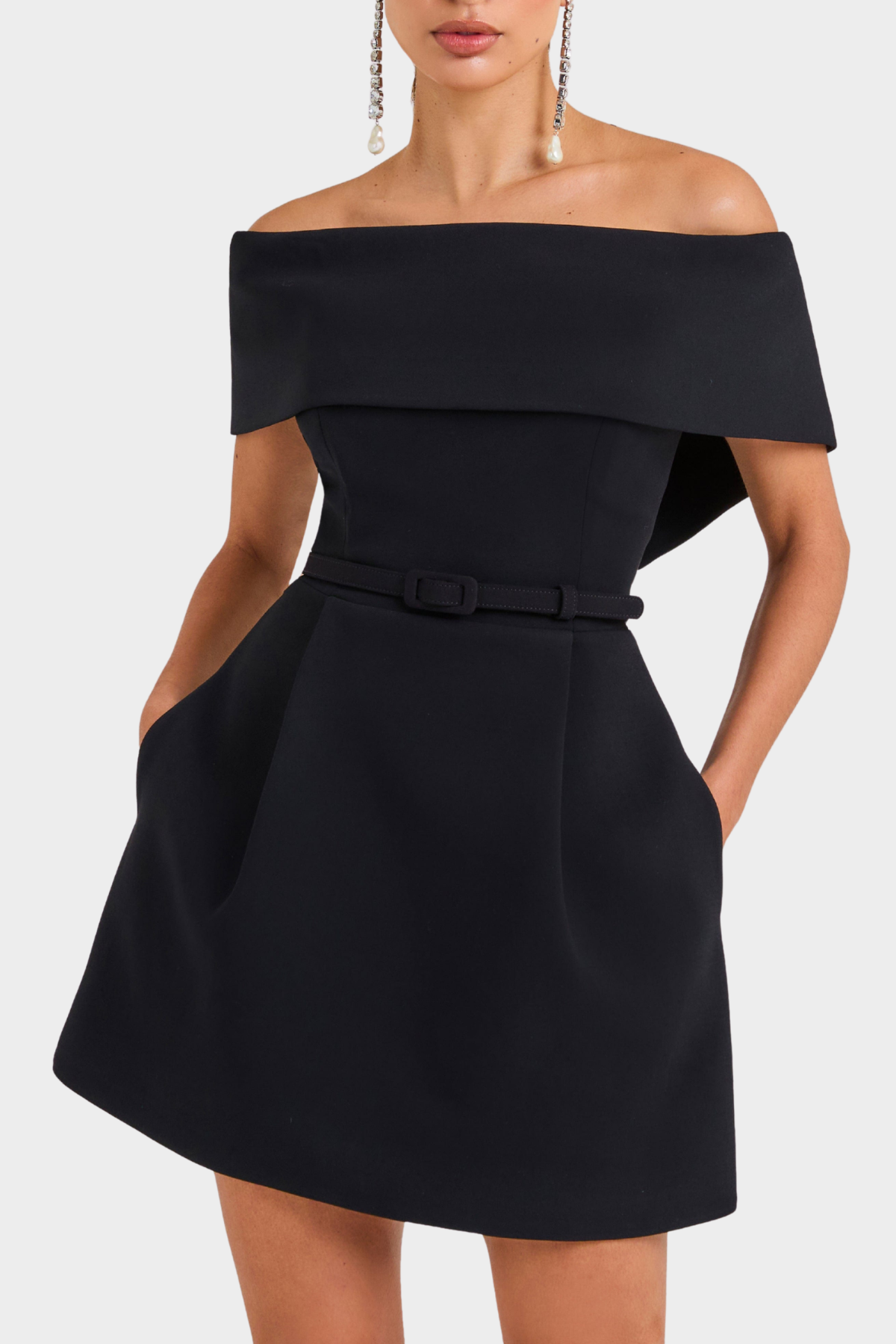 Libbi Off Shoulder Belted Mini Dress - Black