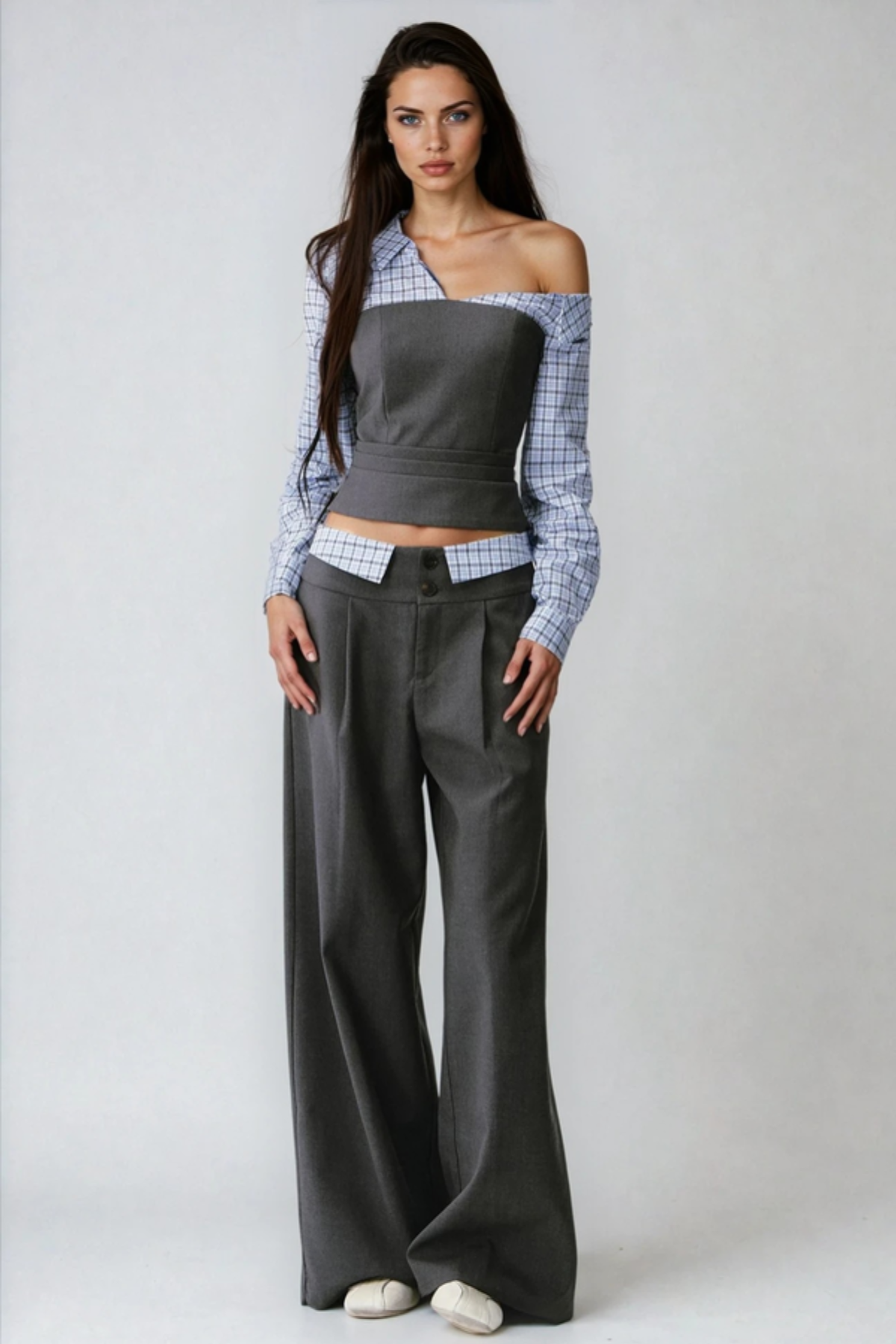 Lidal One Shoulder Plaid Top
