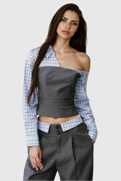 Lidal One Shoulder Plaid Top