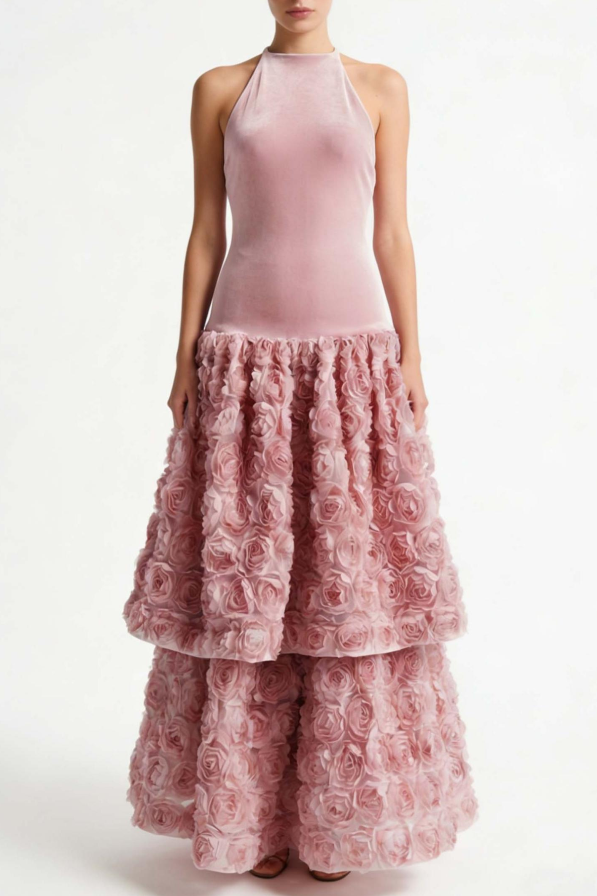 Likara Halter Floral Appliqué Midi Dress