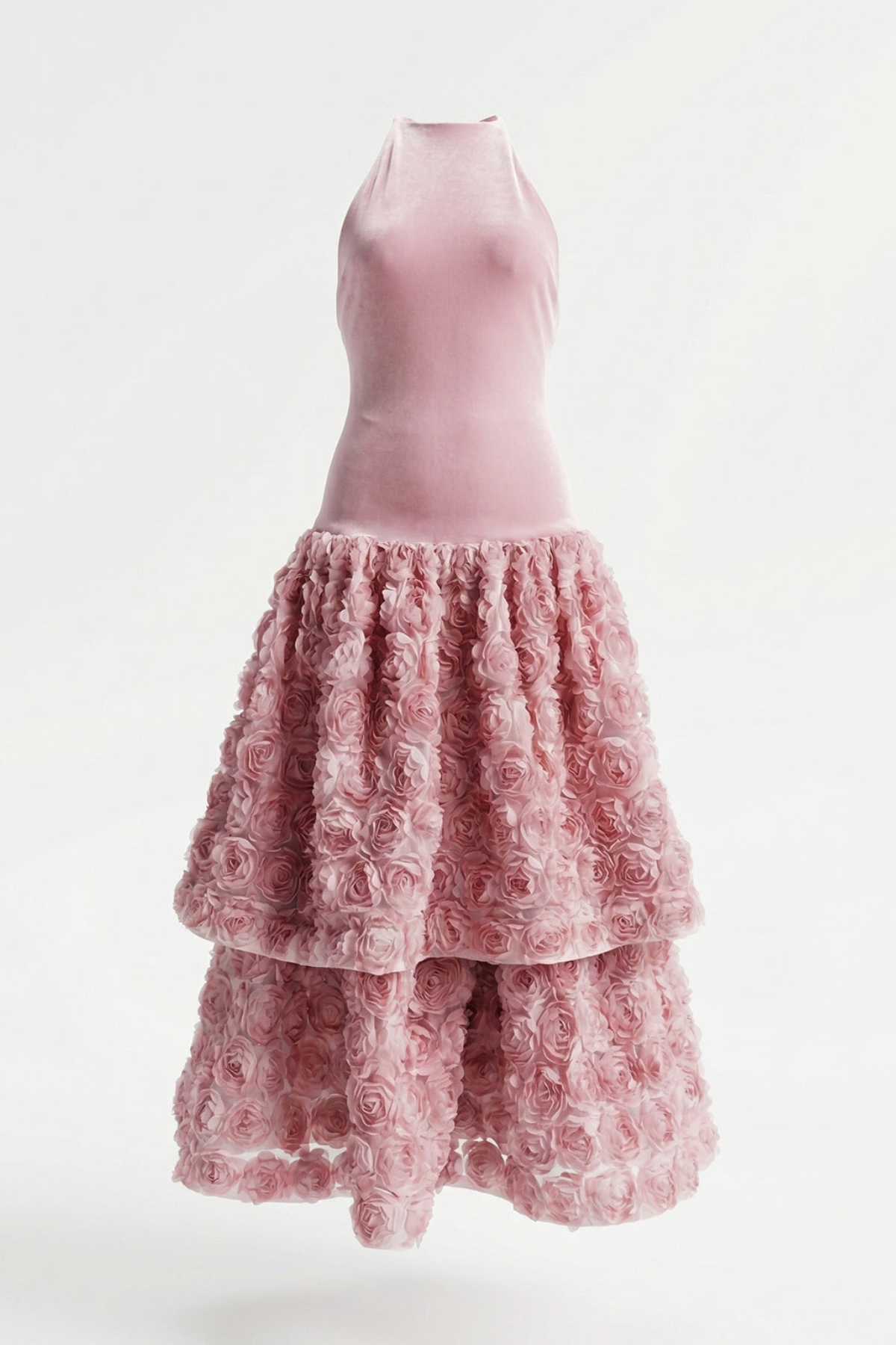 Likara Halter Floral Appliqué Midi Dress