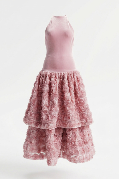 Likara Halter Floral Appliqué Midi Dress