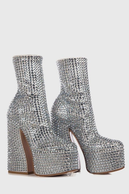 Linada Crystal Embellished Platform Boots - Silver