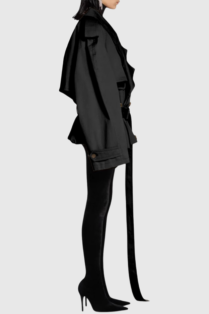 Lisane Double Breasted Short Trench Coat - Black