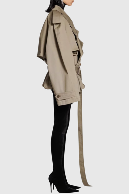 Lisane Double Breasted Short Trench Coat - Khaki