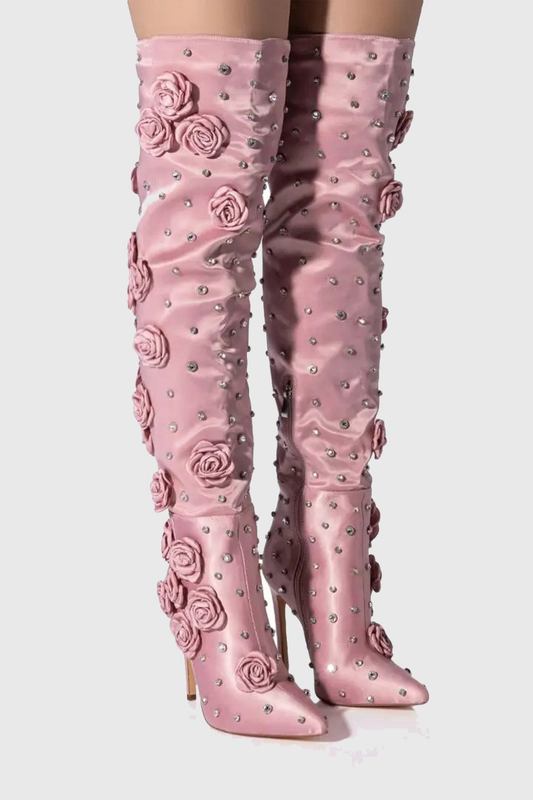 Liza Floral Rhinestone Knee High Boots