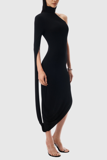 Lokio One Shoulder Asymmetric Draped Midi Dress - Black
