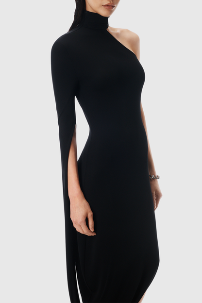 Lokio One Shoulder Asymmetric Draped Midi Dress - Black