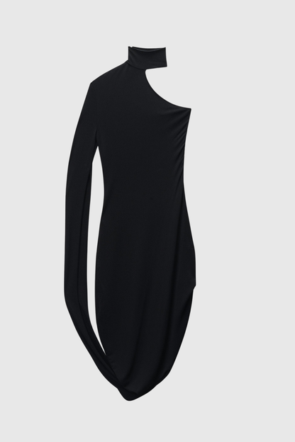 Lokio One Shoulder Asymmetric Draped Midi Dress - Black