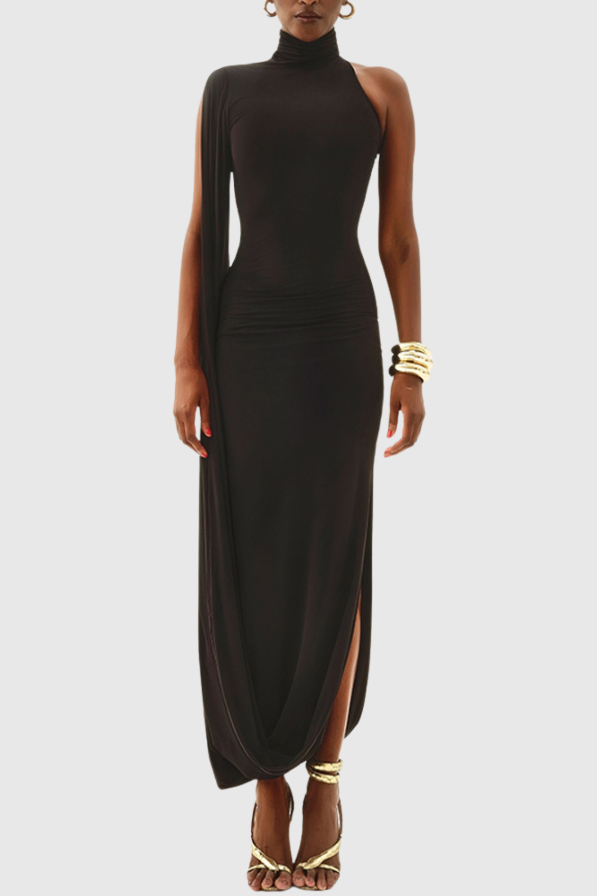 Lokio One Shoulder Asymmetric Draped Midi Dress - Black