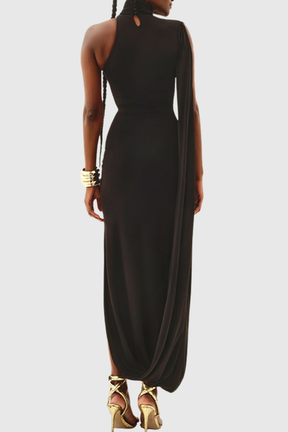 Lokio One Shoulder Asymmetric Draped Midi Dress - Black