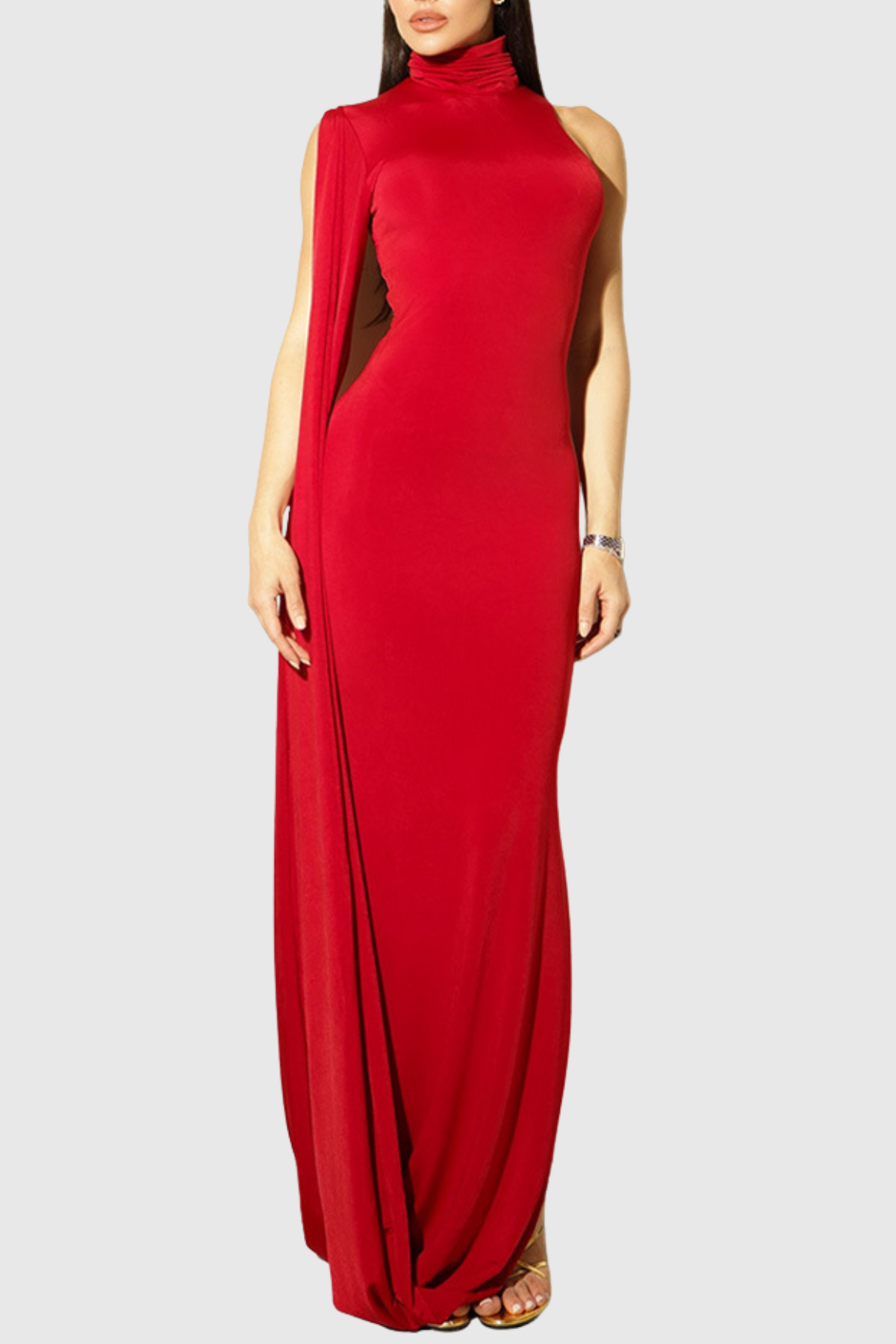 Lokio One Shoulder Asymmetric Draped Midi Dress - Red
