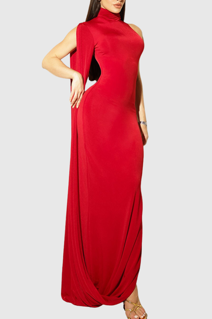 Lokio One Shoulder Asymmetric Draped Midi Dress - Red