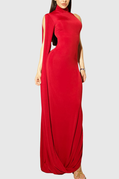 Lokio One Shoulder Asymmetric Draped Midi Dress - Red