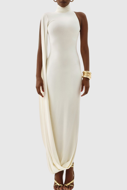 Lokio One Shoulder Asymmetric Draped Midi Dress - White
