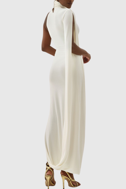 Lokio One Shoulder Asymmetric Draped Midi Dress - White