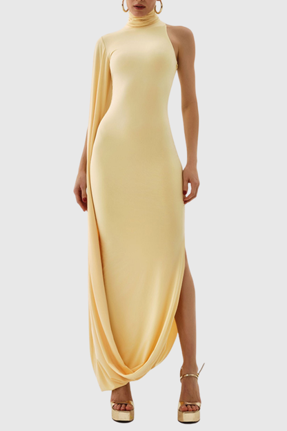 Lokio One Shoulder Asymmetric Draped Midi Dress - Yellow