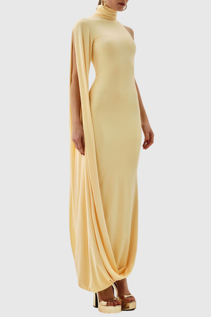 Lokio One Shoulder Asymmetric Draped Midi Dress - Yellow