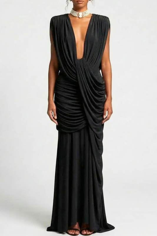 Loneie Draped Maxi Dress - Black