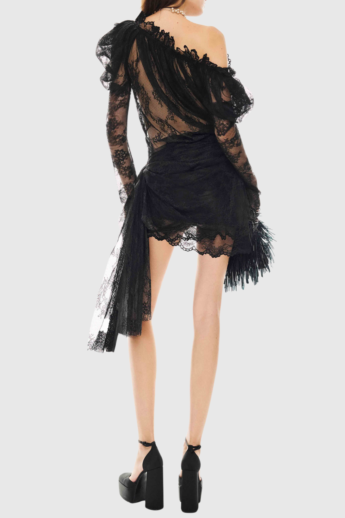Loraia Floral Lace Draped Mini Dress - Black