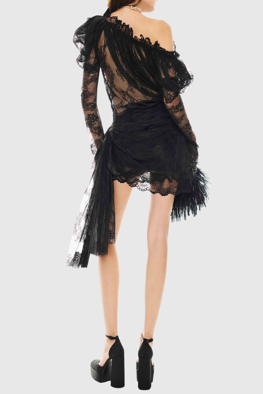 Loraia Floral Lace Draped Mini Dress - Black