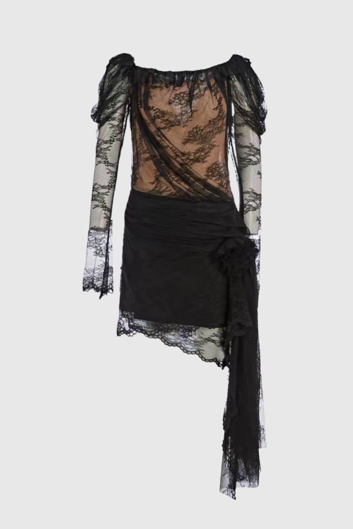 Loraia Floral Lace Draped Mini Dress - Black