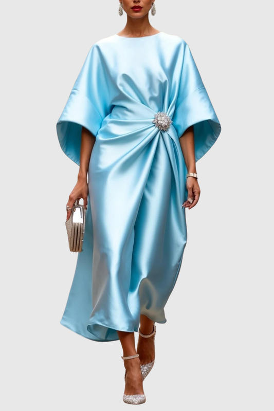 Lorena Crystal Satin Midi Kaftan Dress - Blue
