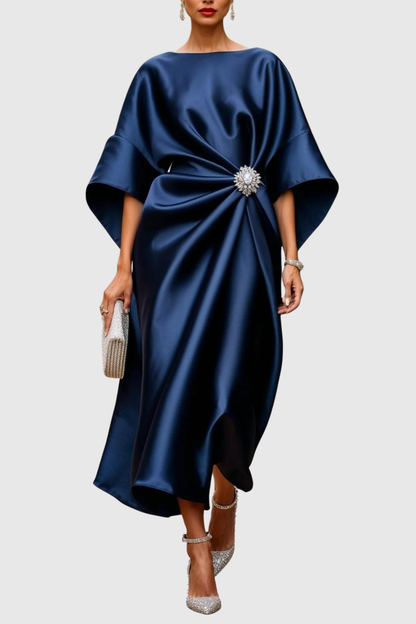 Lorena Crystal Satin Midi Kaftan Dress - Navy