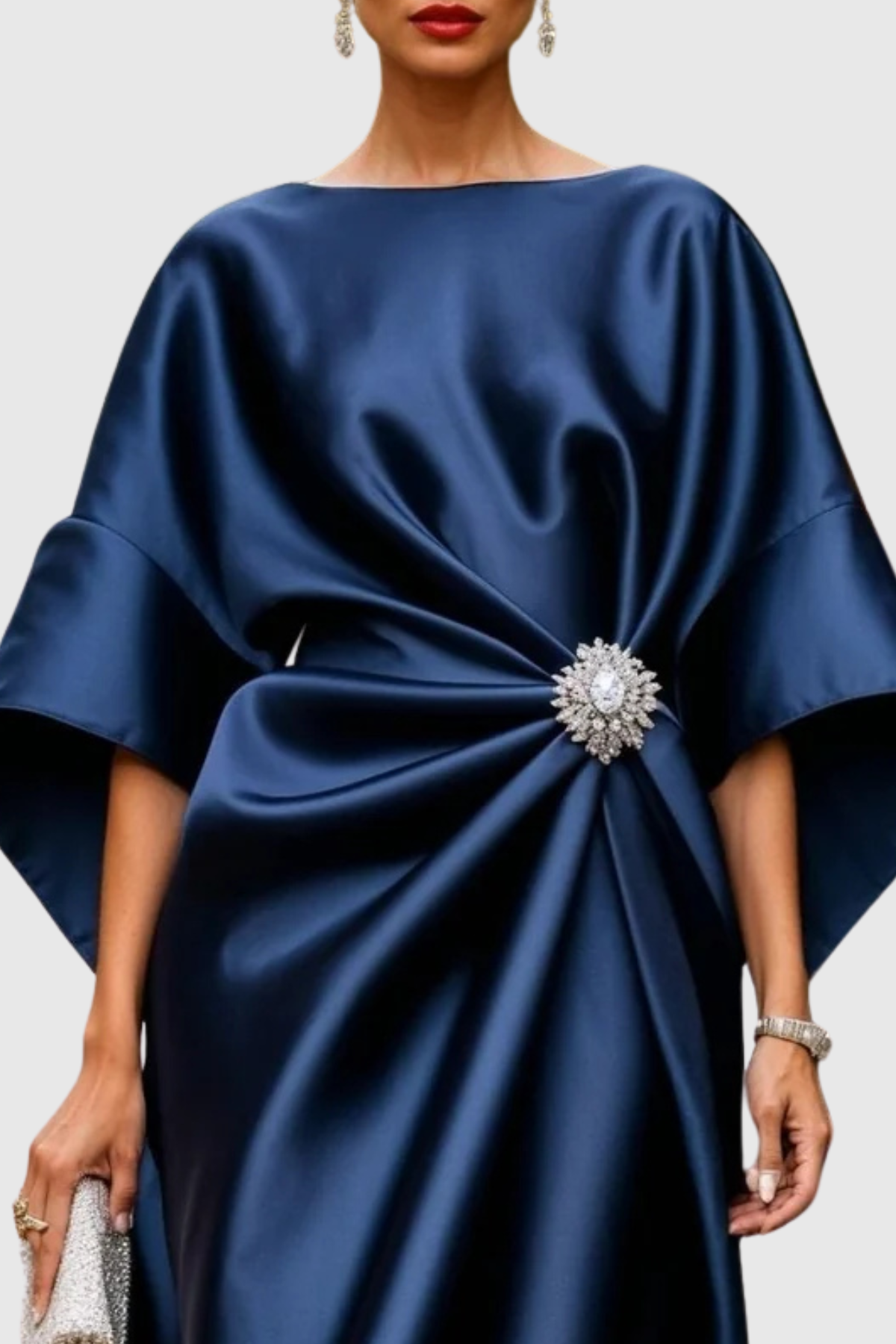Lorena Crystal Satin Midi Kaftan Dress - Navy
