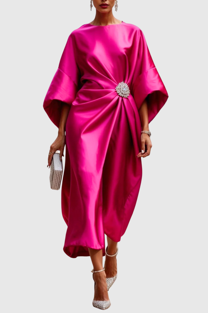 Lorena Crystal Satin Midi Kaftan Dress - Pink