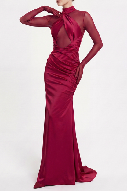 Lorere Mesh Satin Long Sleeve Maxi Dress