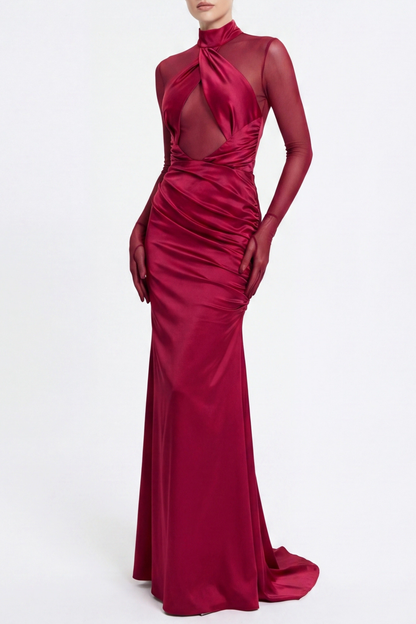 Lorere Mesh Satin Long Sleeve Maxi Dress
