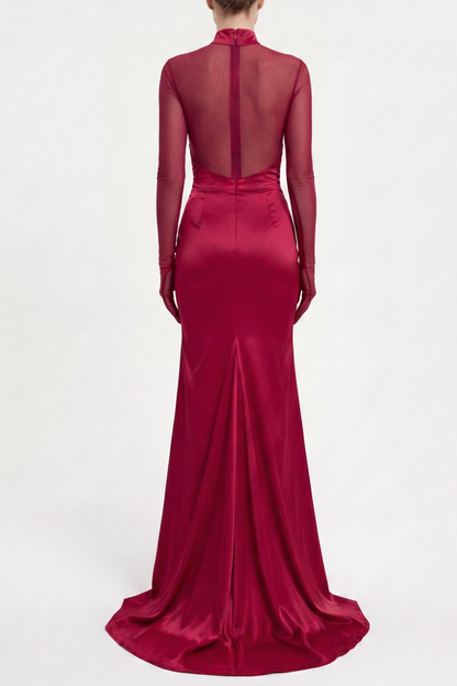 Lorere Mesh Satin Long Sleeve Maxi Dress