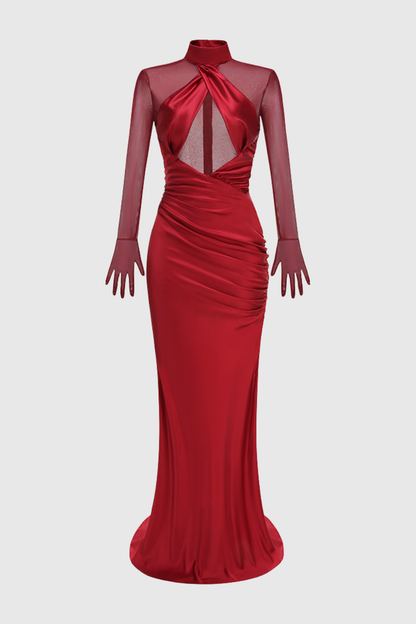 Lorere Mesh Satin Long Sleeve Maxi Dress