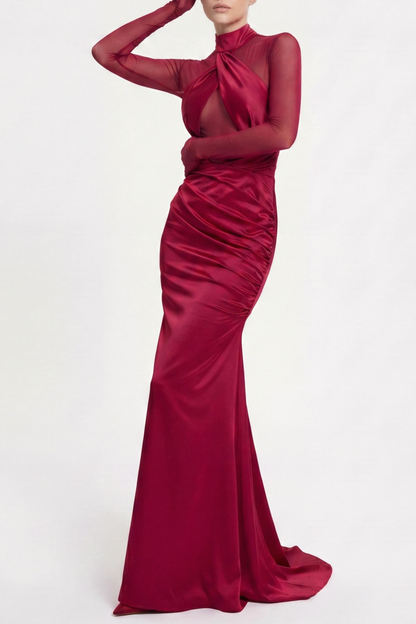 Lorere Mesh Satin Long Sleeve Maxi Dress