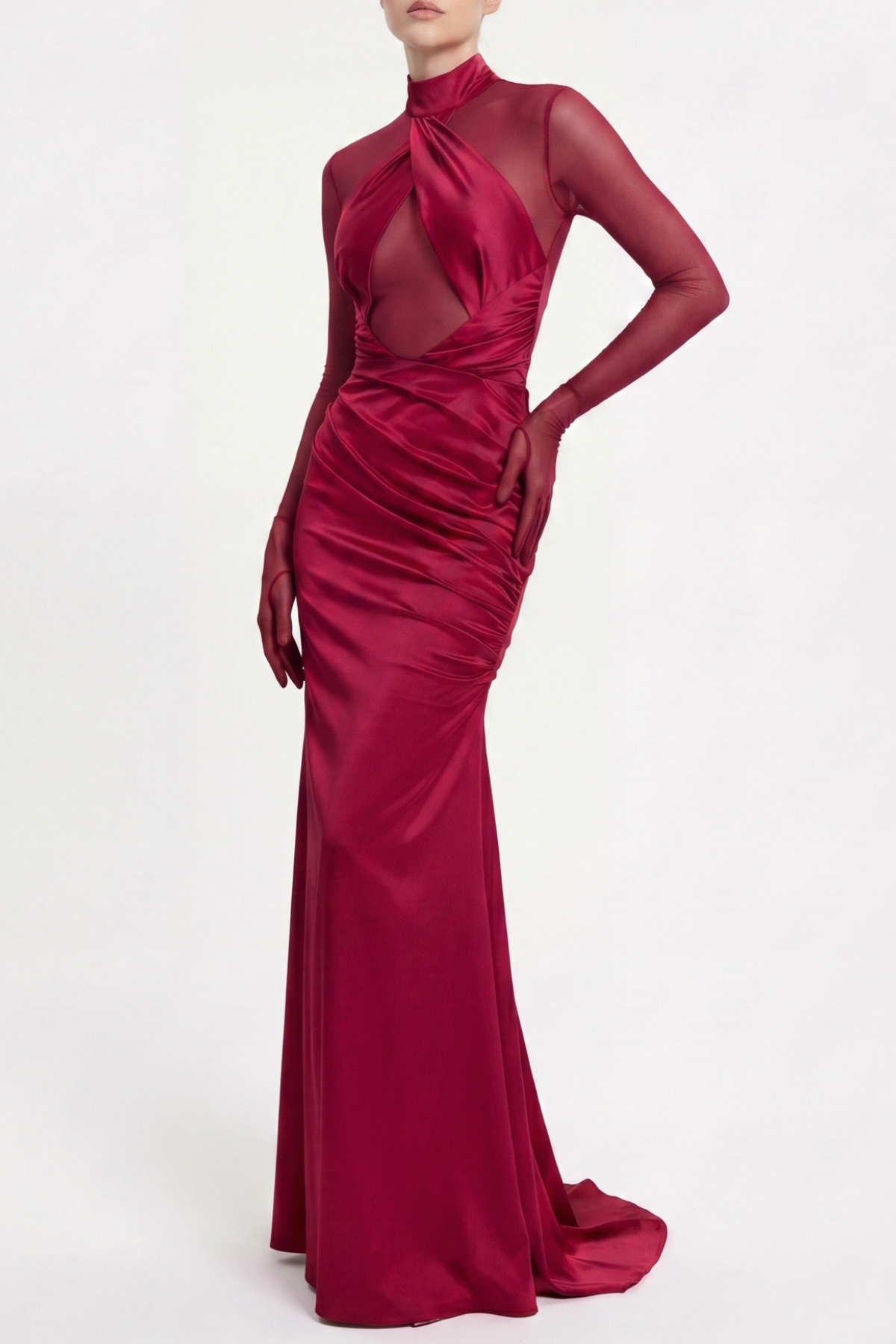 Lorere Mesh Satin Long Sleeve Maxi Dress
