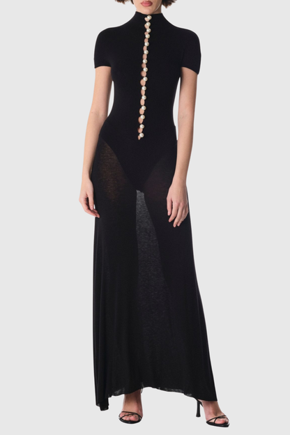 Lornate Pearl Embellished Maxi Dress - Black