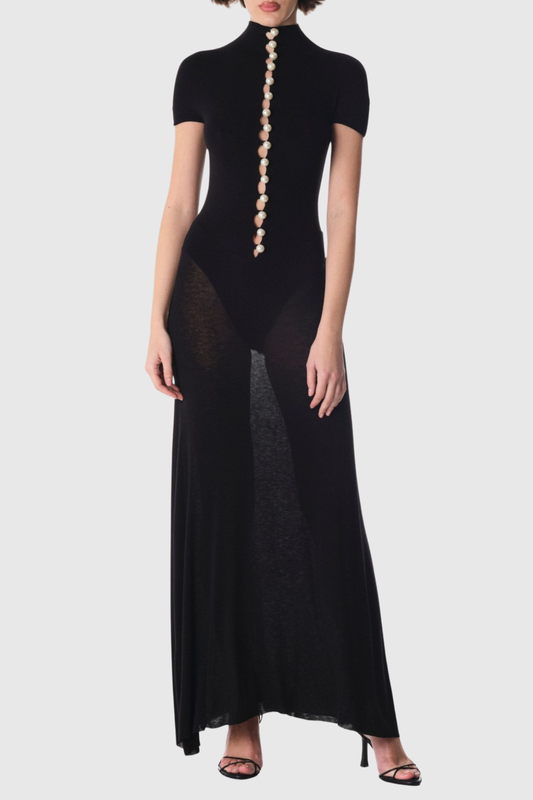Lornate Pearl Embellished Maxi Dress - Black