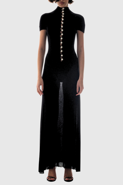 Lornate Pearl Embellished Maxi Dress - Black