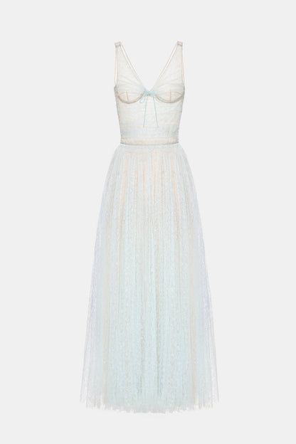 Lorya Mesh Pleated Maxi Dress - Blue