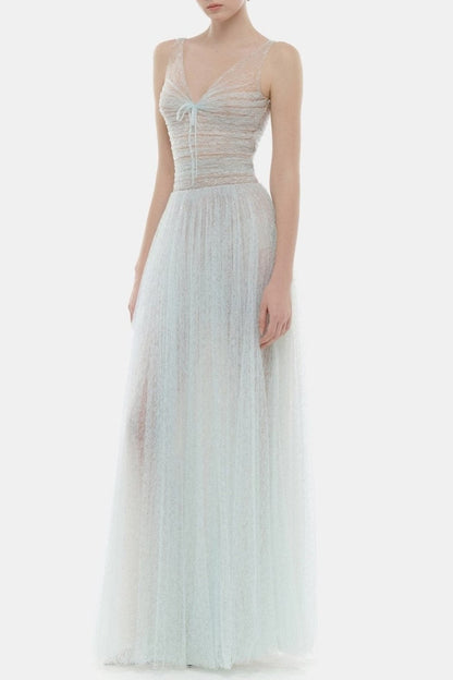 Lorya Mesh Pleated Maxi Dress - Blue