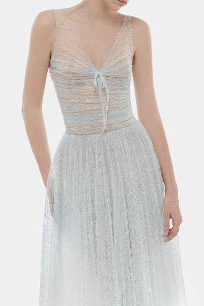 Lorya Mesh Pleated Maxi Dress - Blue