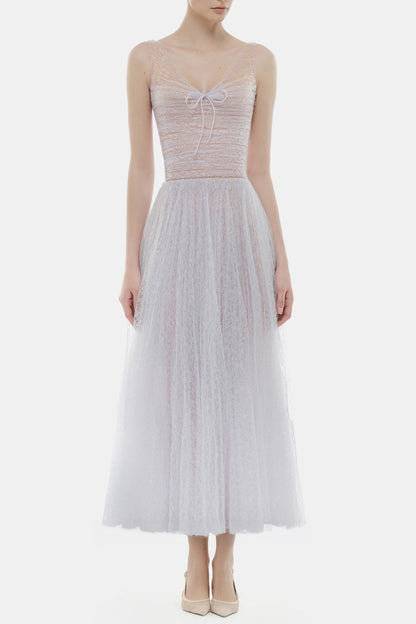 Lorya Mesh Pleated Maxi Dress - Purple