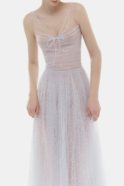 Lorya Mesh Pleated Maxi Dress - Purple