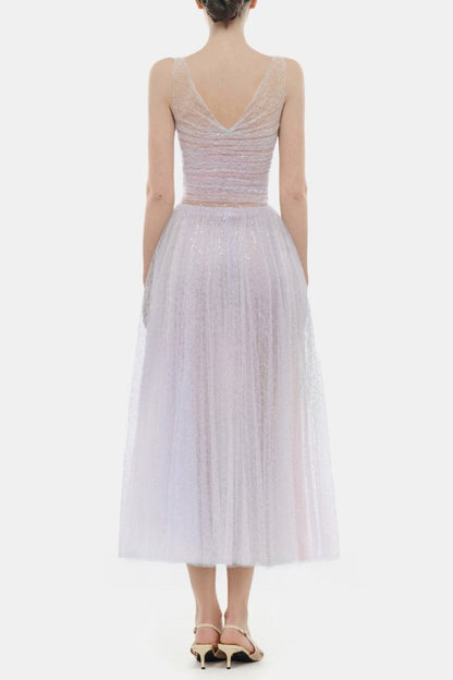 Lorya Mesh Pleated Maxi Dress - Purple