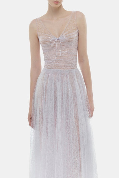 Lorya Mesh Pleated Maxi Dress - Purple